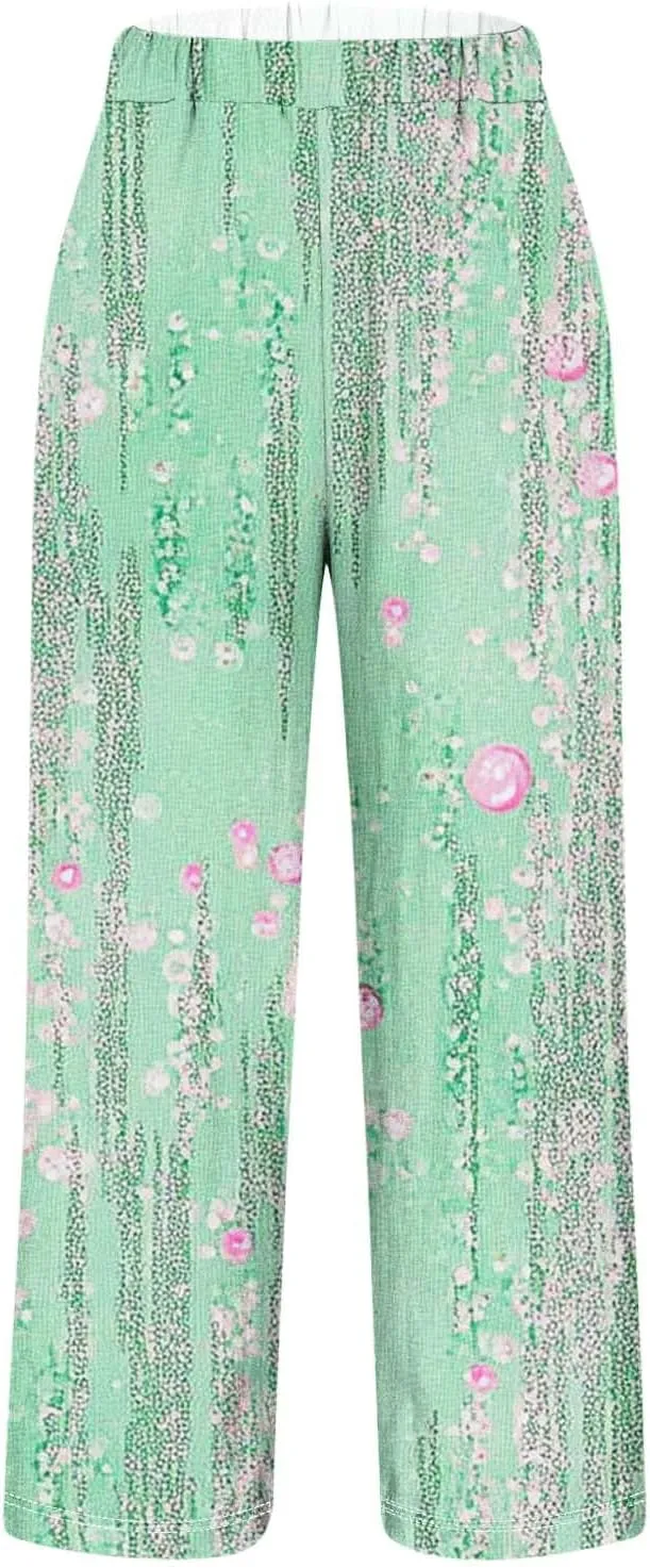 Womens Casual Pants Lightweight Summer Relax Fit Fashion Floral Print Elastic Waist Plus Size Lounge Long Trousers