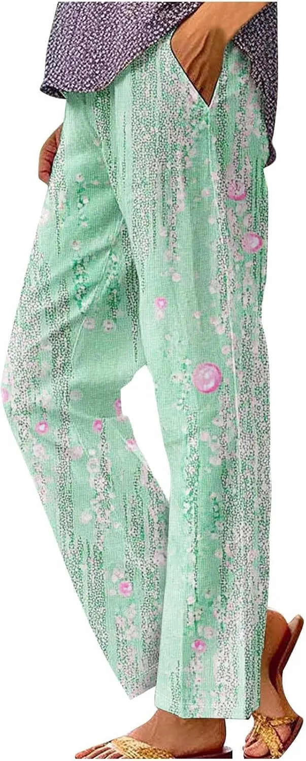 Womens Casual Pants Lightweight Summer Relax Fit Fashion Floral Print Elastic Waist Plus Size Lounge Long Trousers