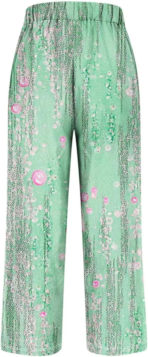 Womens Casual Pants Lightweight Summer Relax Fit Fashion Floral Print Elastic Waist Plus Size Lounge Long Trousers