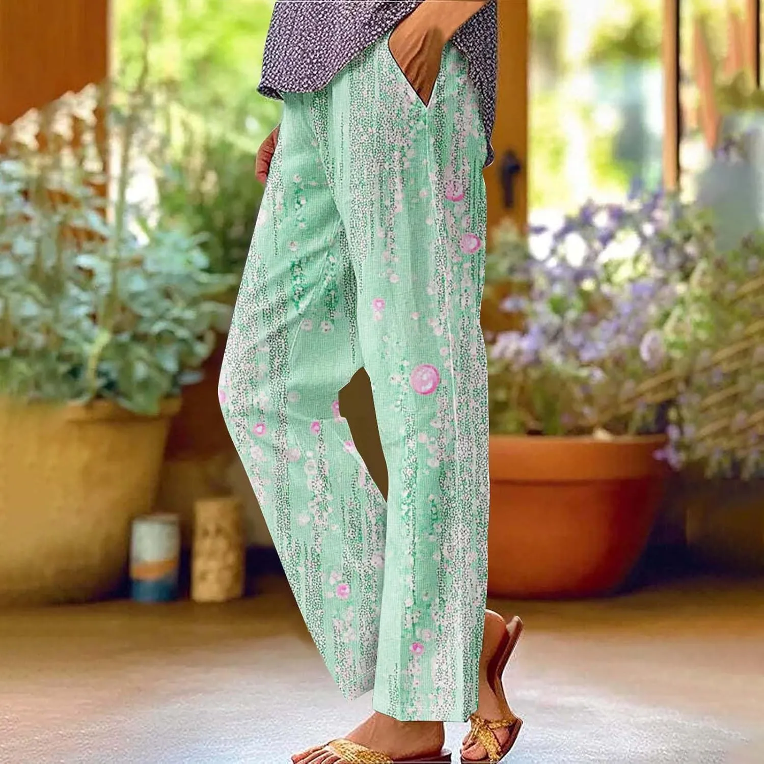 Womens Casual Pants Lightweight Summer Relax Fit Fashion Floral Print Elastic Waist Plus Size Lounge Long Trousers