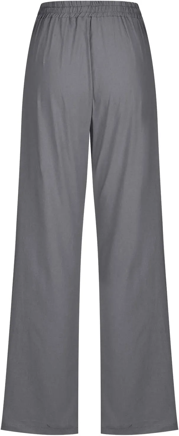 Womens Cotton Linen Pants Straight Leg Lounge Trousers High Waisted Casual Relaxed Fit Long Pant with Pocket