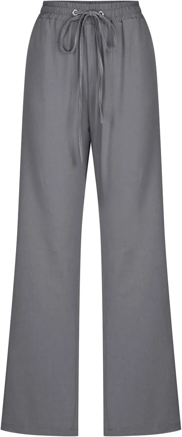 Womens Cotton Linen Pants Straight Leg Lounge Trousers High Waisted Casual Relaxed Fit Long Pant with Pocket