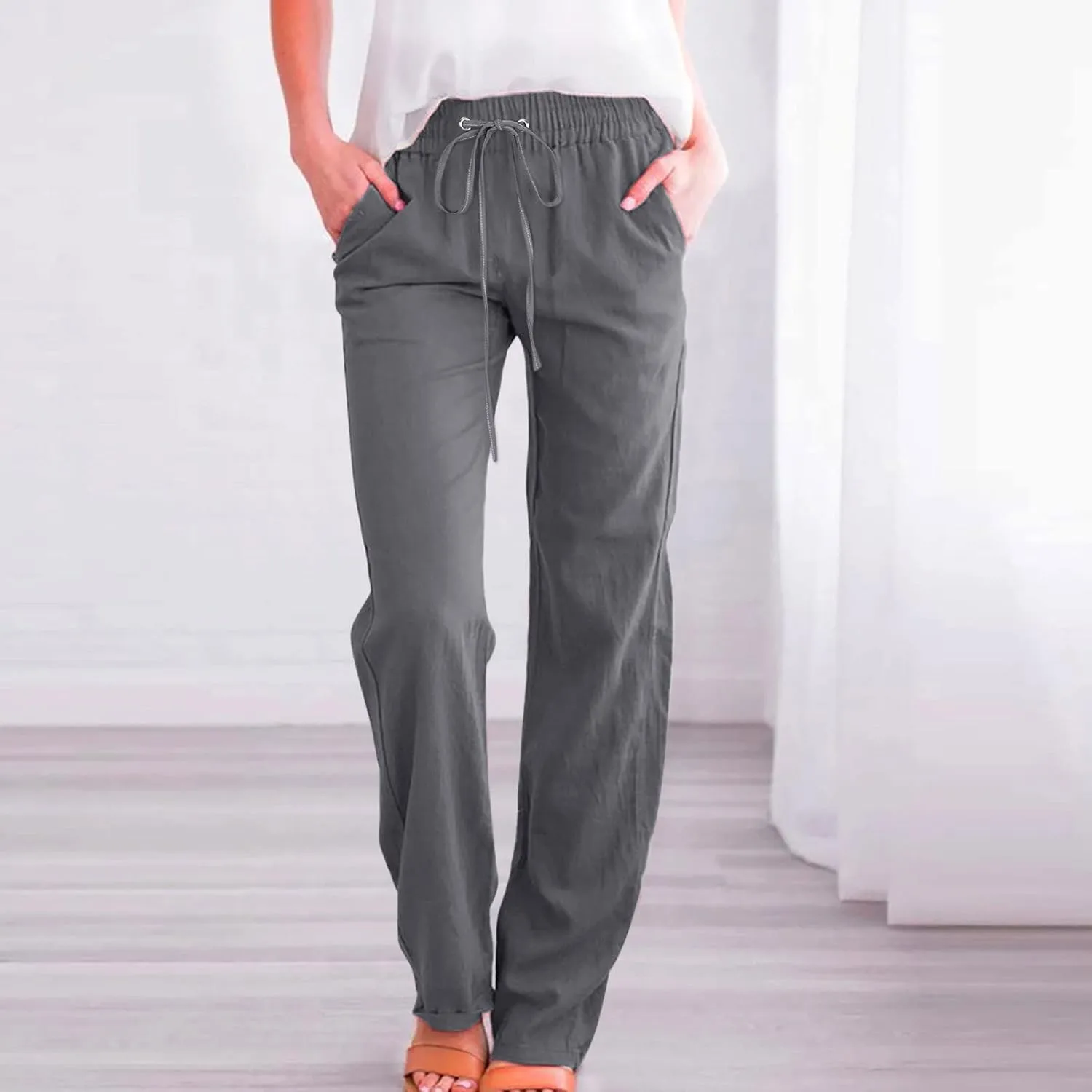 Womens Cotton Linen Pants Straight Leg Lounge Trousers High Waisted Casual Relaxed Fit Long Pant with Pocket