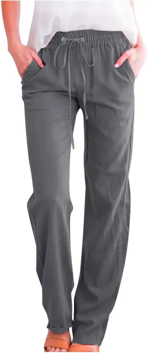 Womens Cotton Linen Pants Straight Leg Lounge Trousers High Waisted Casual Relaxed Fit Long Pant with Pocket