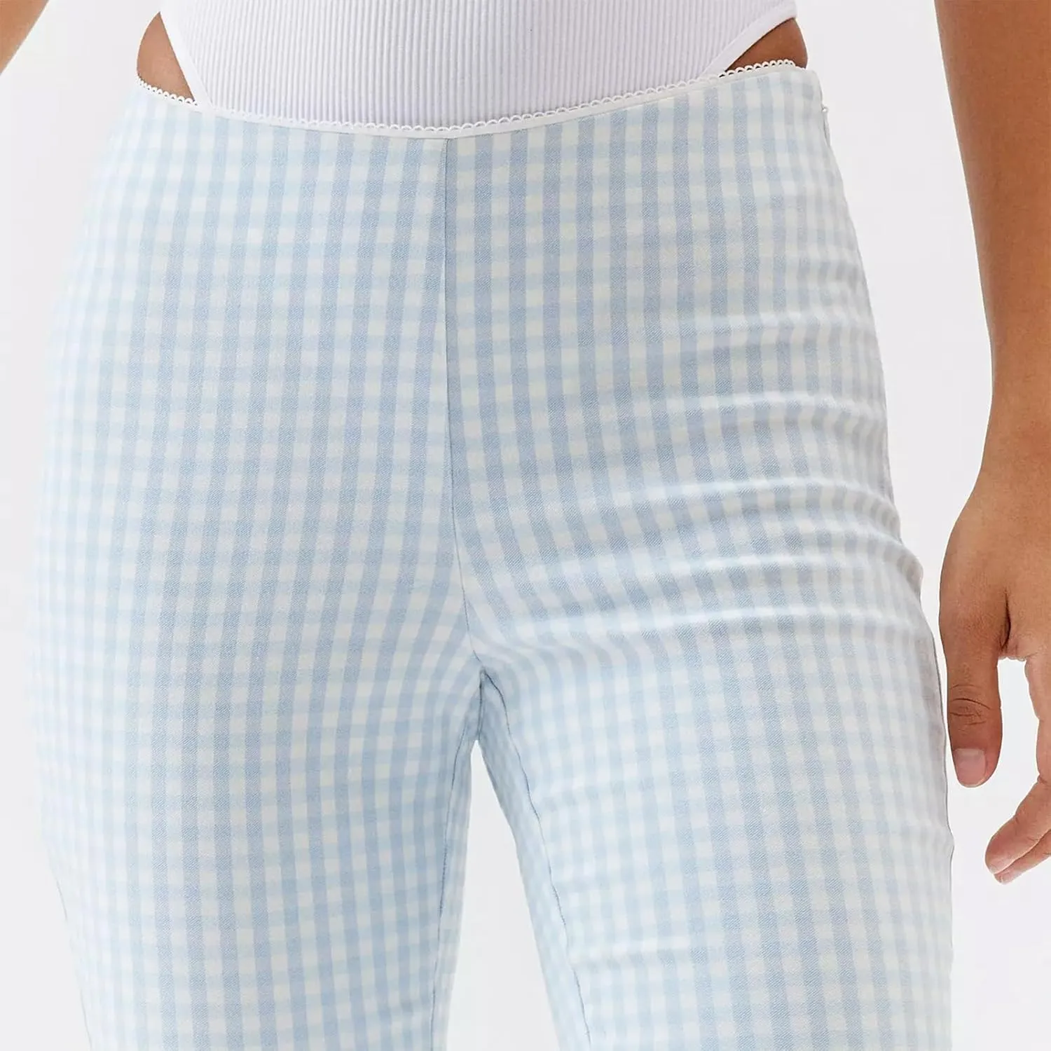 Womens Gingham Shorts Capri Pants High Waisted Plaid Lace Ruffles Hem Summer Leggings Capri Trousers