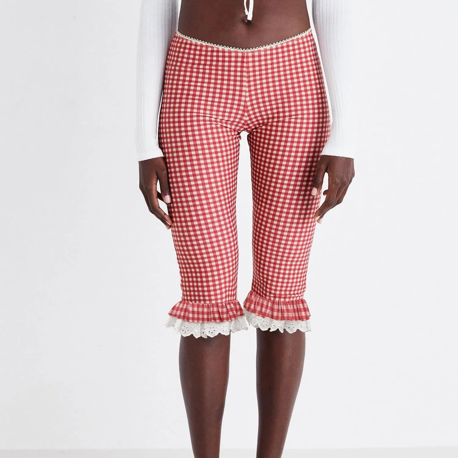 Womens Gingham Shorts Capri Pants High Waisted Plaid Lace Ruffles Hem Summer Leggings Capri Trousers