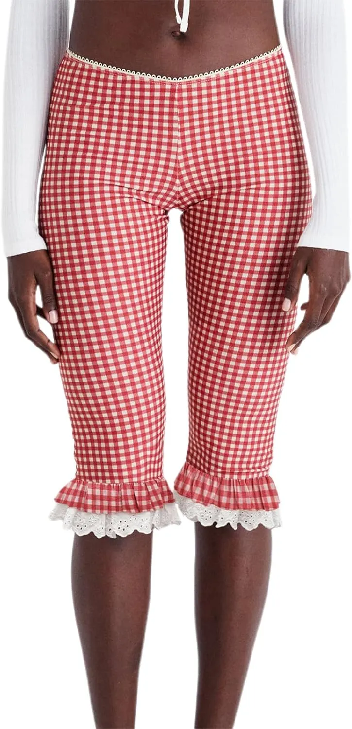 Womens Gingham Shorts Capri Pants High Waisted Plaid Lace Ruffles Hem Summer Leggings Capri Trousers
