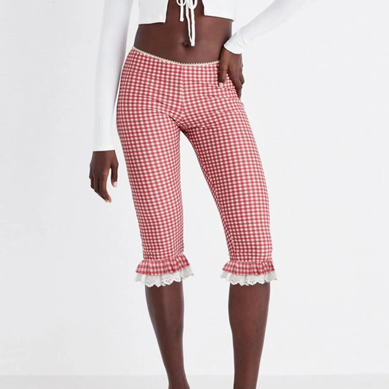 Womens Gingham Shorts Capri Pants High Waisted Plaid Lace Ruffles Hem Summer Leggings Capri Trousers