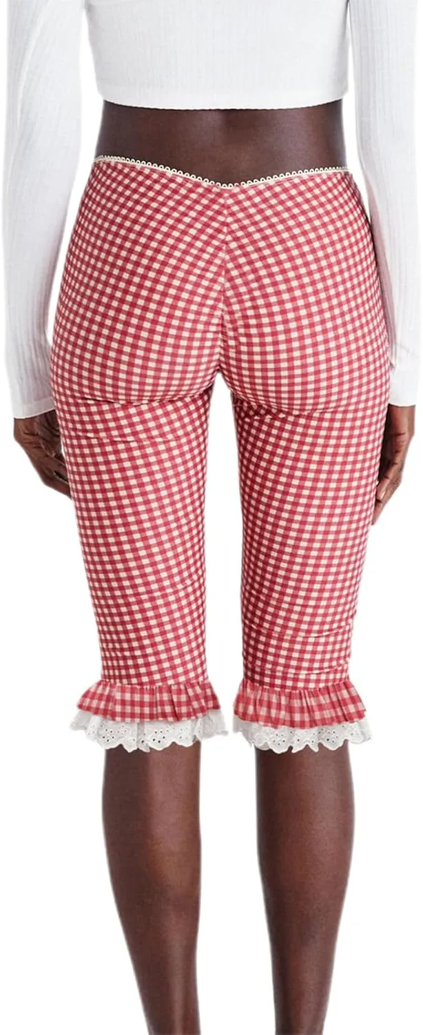 Womens Gingham Shorts Capri Pants High Waisted Plaid Lace Ruffles Hem Summer Leggings Capri Trousers
