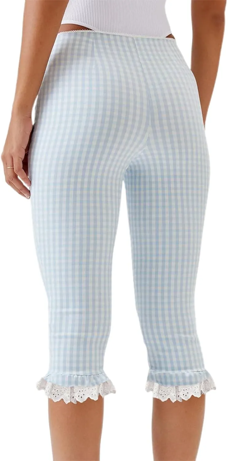 Womens Gingham Shorts Capri Pants High Waisted Plaid Lace Ruffles Hem Summer Leggings Capri Trousers