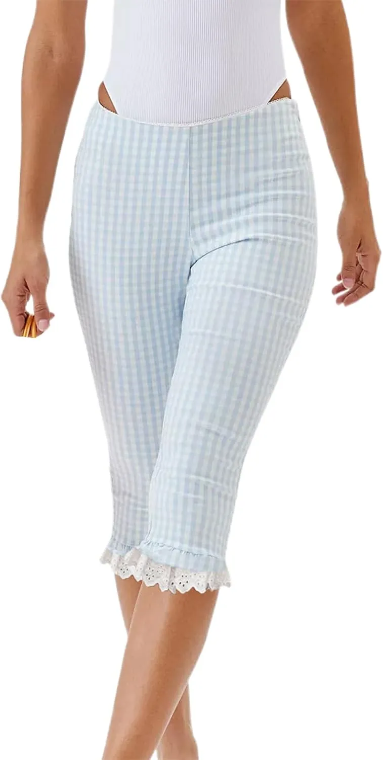 Womens Gingham Shorts Capri Pants High Waisted Plaid Lace Ruffles Hem Summer Leggings Capri Trousers