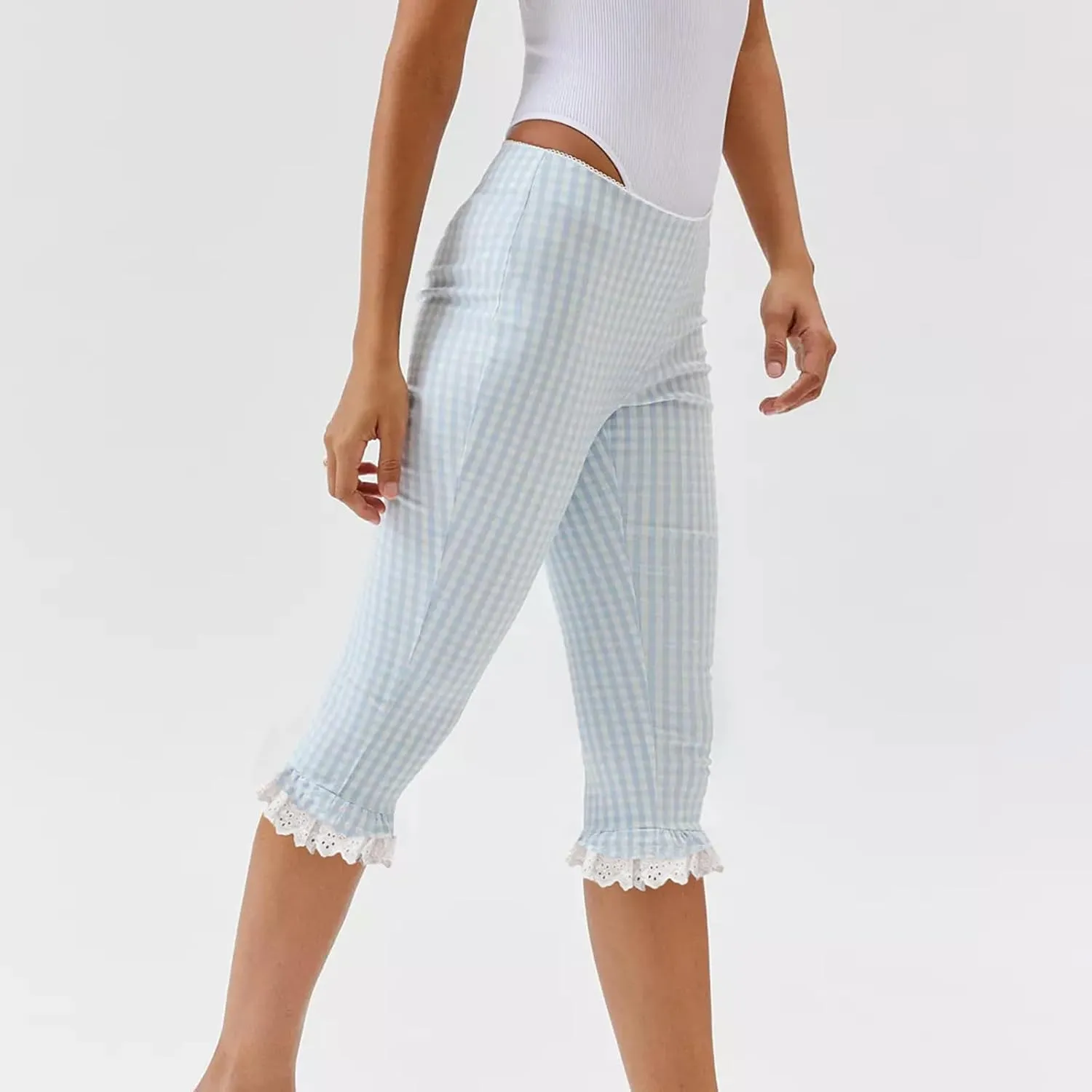Womens Gingham Shorts Capri Pants High Waisted Plaid Lace Ruffles Hem Summer Leggings Capri Trousers