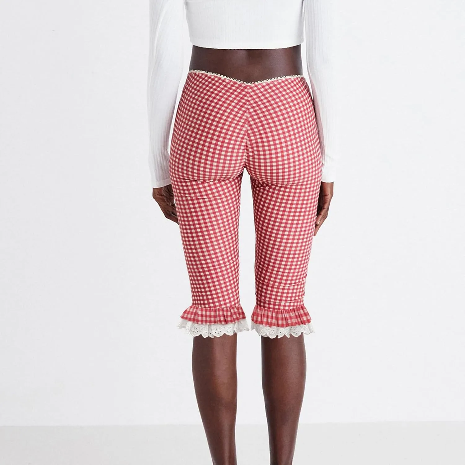 Womens Gingham Shorts Capri Pants High Waisted Plaid Lace Ruffles Hem Summer Leggings Capri Trousers