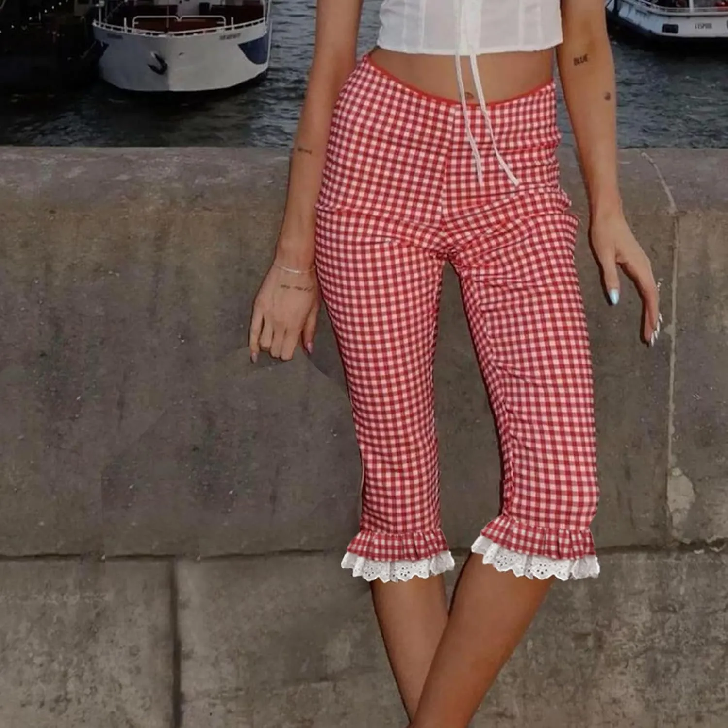 Womens Gingham Shorts Capri Pants High Waisted Plaid Lace Ruffles Hem Summer Leggings Capri Trousers