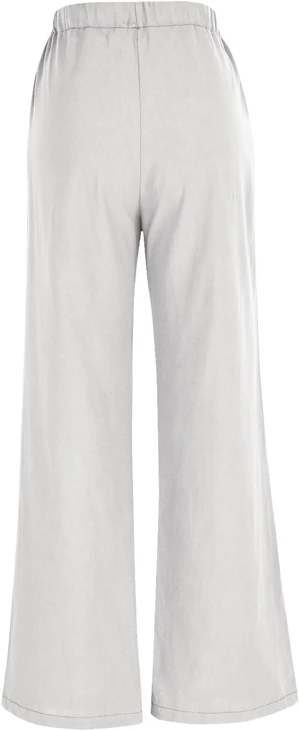Womens Wide Leg Pants Lace-Up Elastic Waisted Solid Color Loose Summer Trendy Beach Full Length Trousers with Pockets