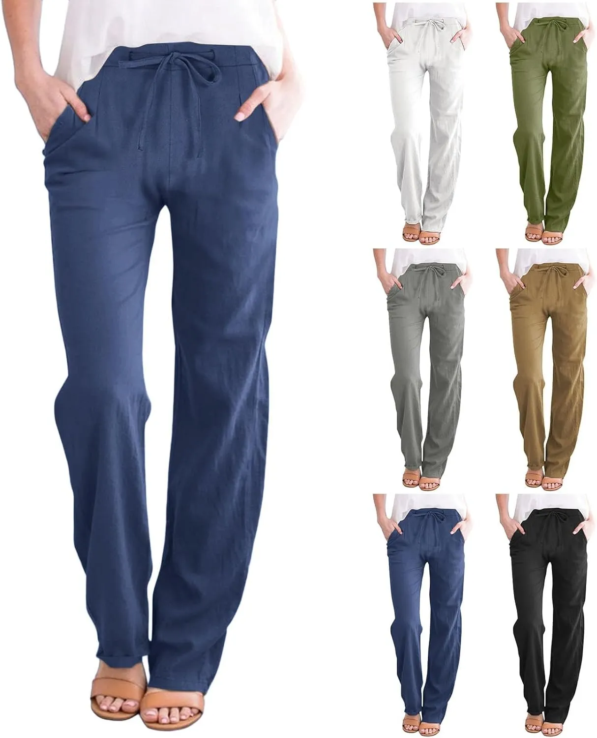 Womens Wide Leg Pants Lace-Up Elastic Waisted Solid Color Loose Summer Trendy Beach Full Length Trousers with Pockets