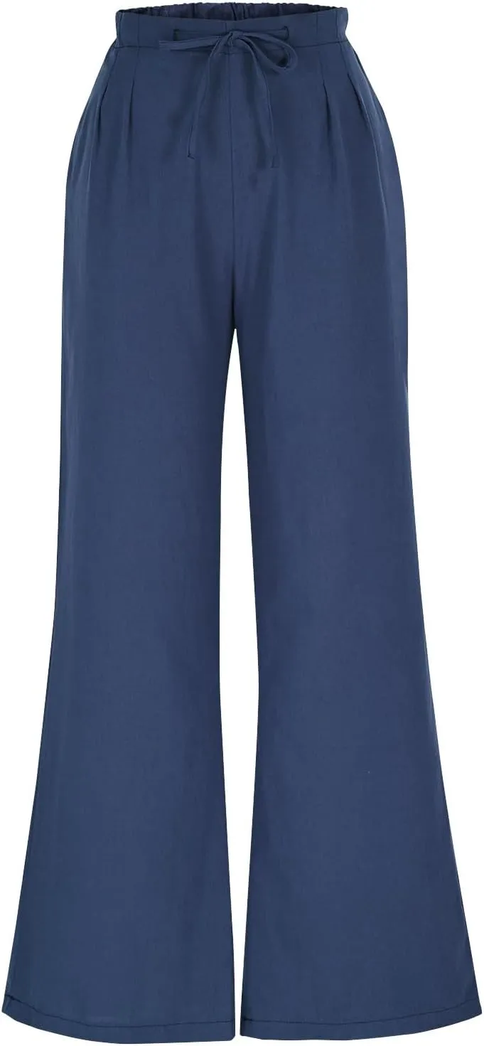 Womens Wide Leg Pants Lace-Up Elastic Waisted Solid Color Loose Summer Trendy Beach Full Length Trousers with Pockets