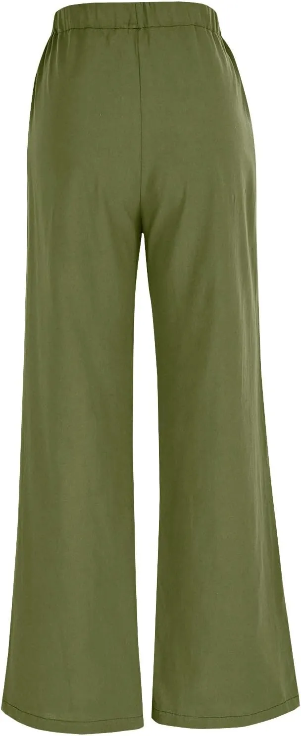 Womens Wide Leg Pants Lace-Up Elastic Waisted Solid Color Loose Summer Trendy Beach Full Length Trousers with Pockets