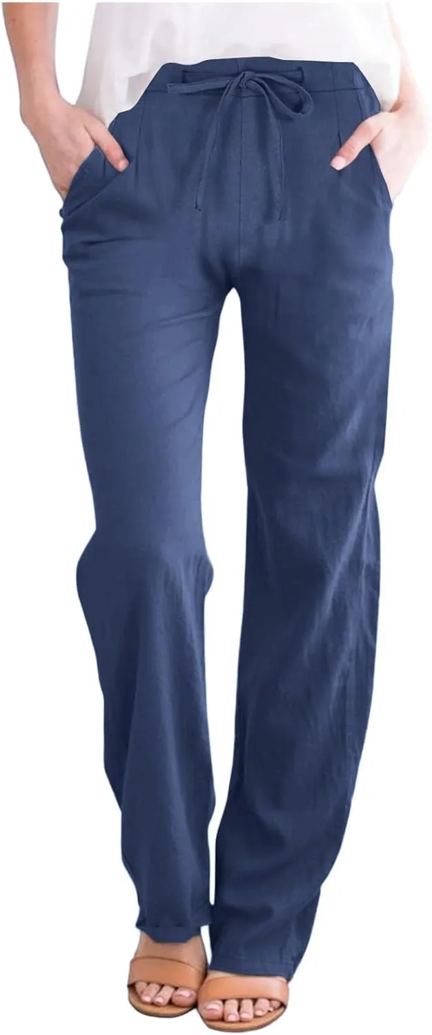 Womens Wide Leg Pants Lace-Up Elastic Waisted Solid Color Loose Summer Trendy Beach Full Length Trousers with Pockets