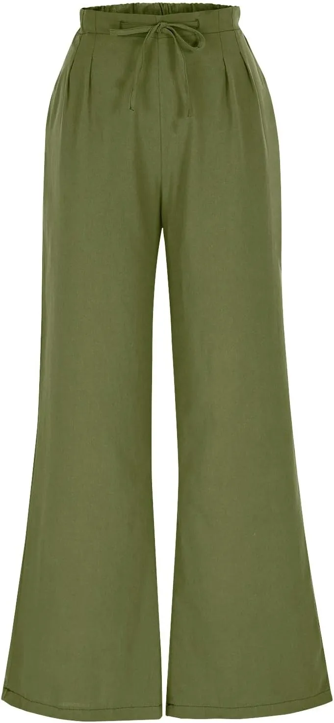 Womens Wide Leg Pants Lace-Up Elastic Waisted Solid Color Loose Summer Trendy Beach Full Length Trousers with Pockets