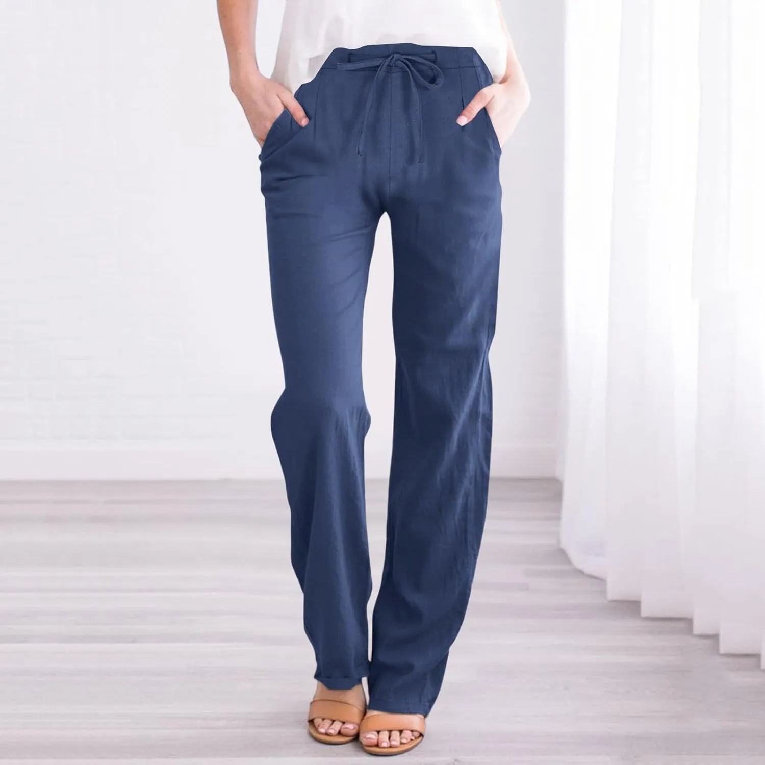 Womens Wide Leg Pants Lace-Up Elastic Waisted Solid Color Loose Summer Trendy Beach Full Length Trousers with Pockets