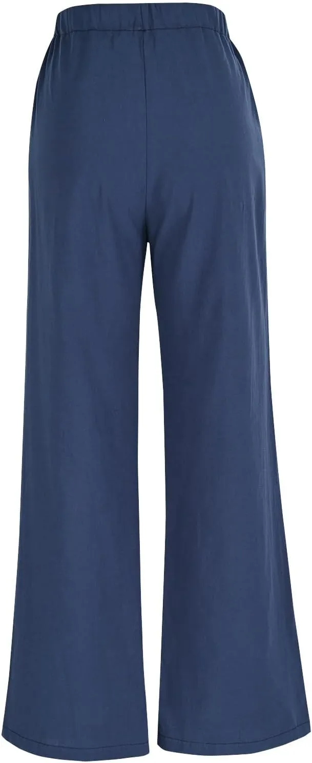 Womens Wide Leg Pants Lace-Up Elastic Waisted Solid Color Loose Summer Trendy Beach Full Length Trousers with Pockets