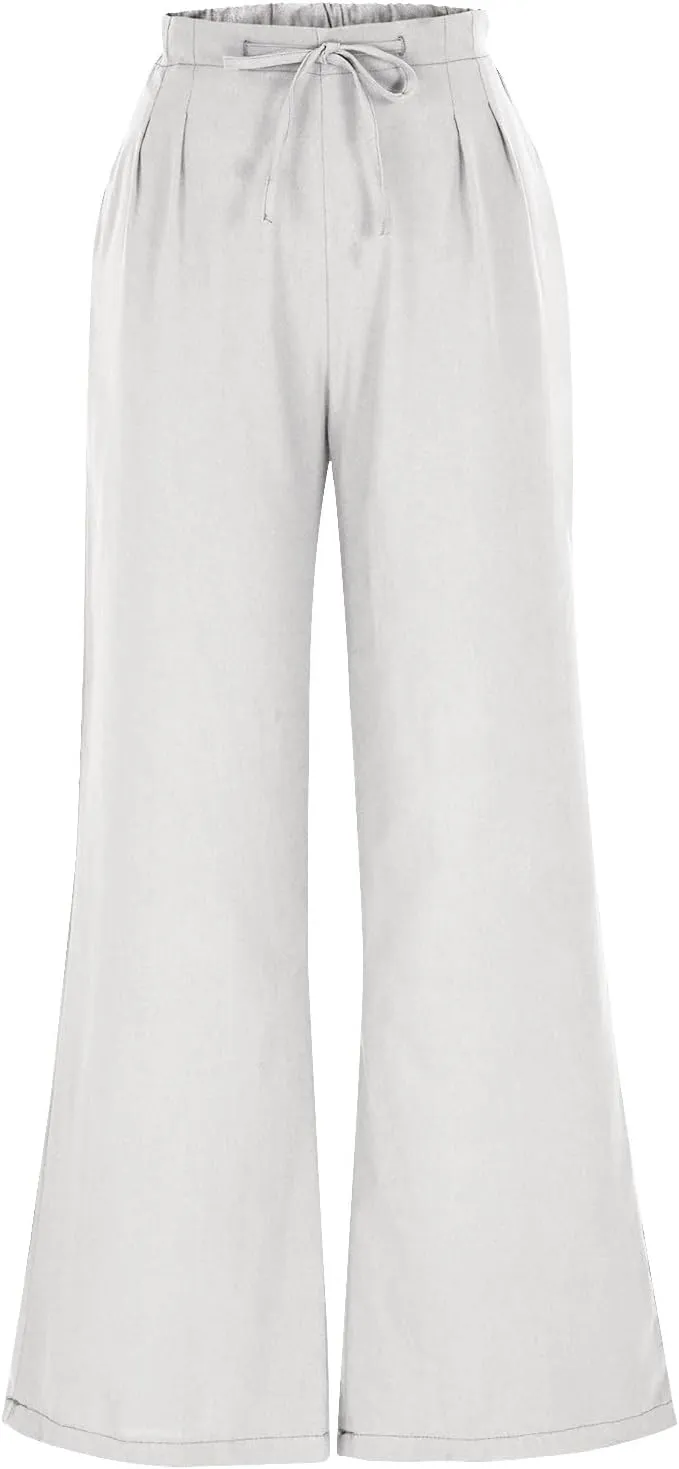 Womens Wide Leg Pants Lace-Up Elastic Waisted Solid Color Loose Summer Trendy Beach Full Length Trousers with Pockets