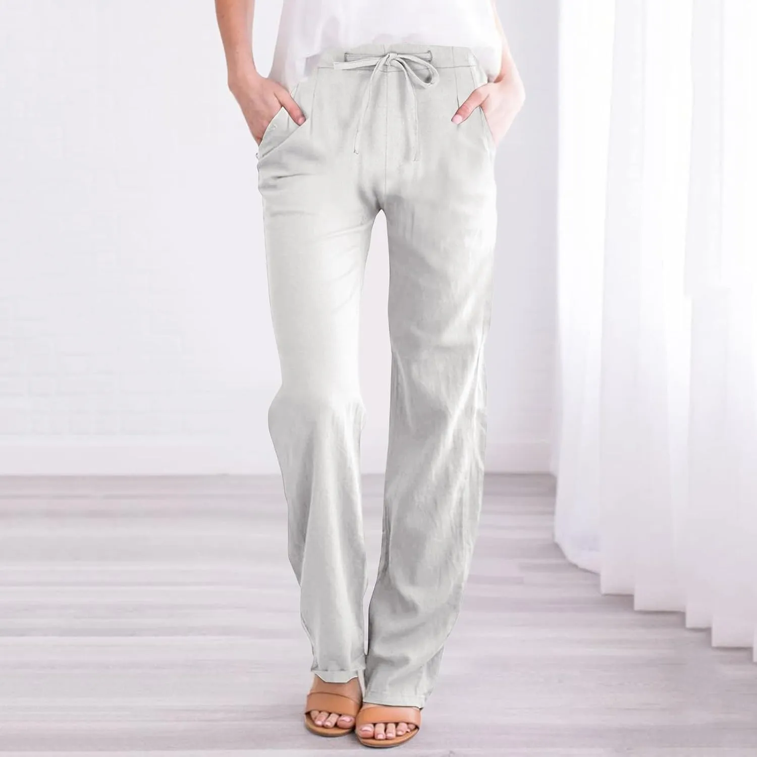Womens Wide Leg Pants Lace-Up Elastic Waisted Solid Color Loose Summer Trendy Beach Full Length Trousers with Pockets
