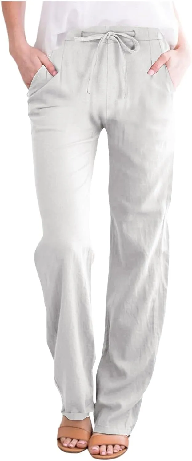 Womens Wide Leg Pants Lace-Up Elastic Waisted Solid Color Loose Summer Trendy Beach Full Length Trousers with Pockets