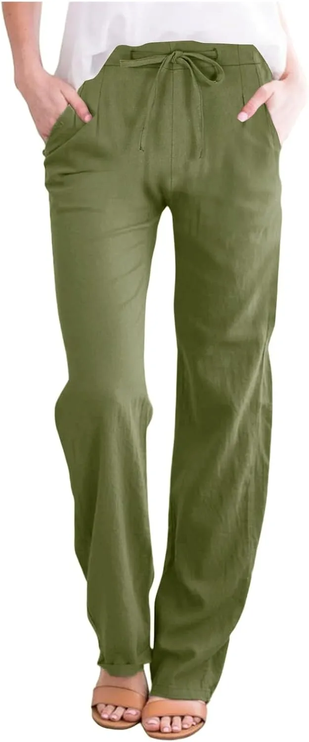 Womens Wide Leg Pants Lace-Up Elastic Waisted Solid Color Loose Summer Trendy Beach Full Length Trousers with Pockets