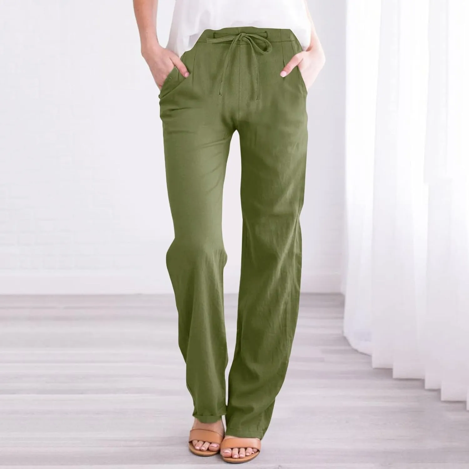 Womens Wide Leg Pants Lace-Up Elastic Waisted Solid Color Loose Summer Trendy Beach Full Length Trousers with Pockets